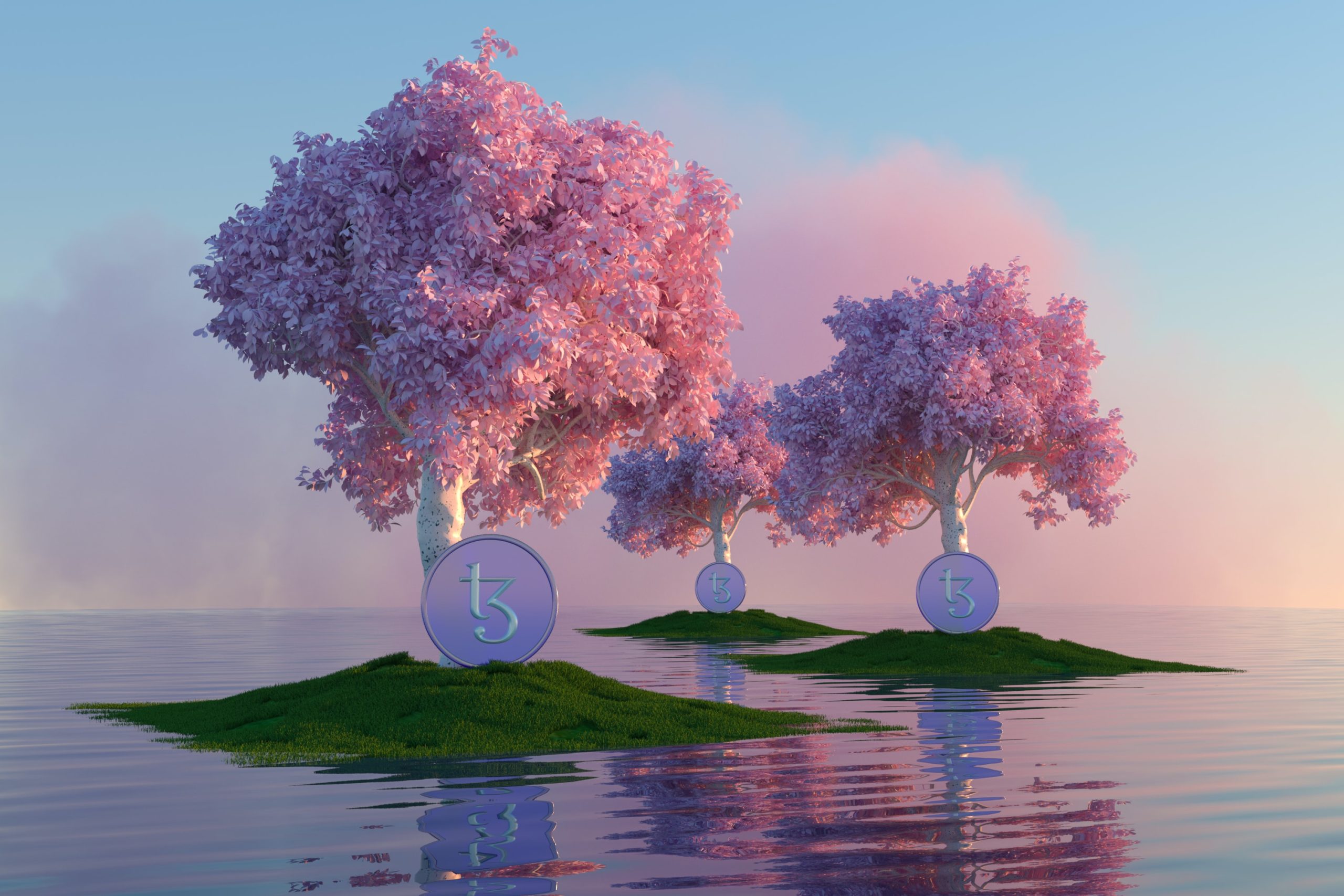 A 3D animated images of three pink trees. The ground is water. The image has a blue, pink and purple hue.
