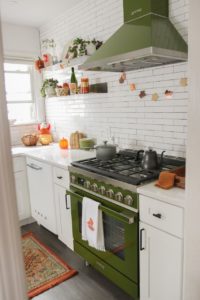 Image of a kitchen with green appliances for a design blog