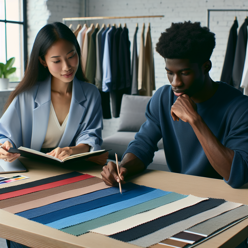 AI photo of a men and women looking at fabric samples