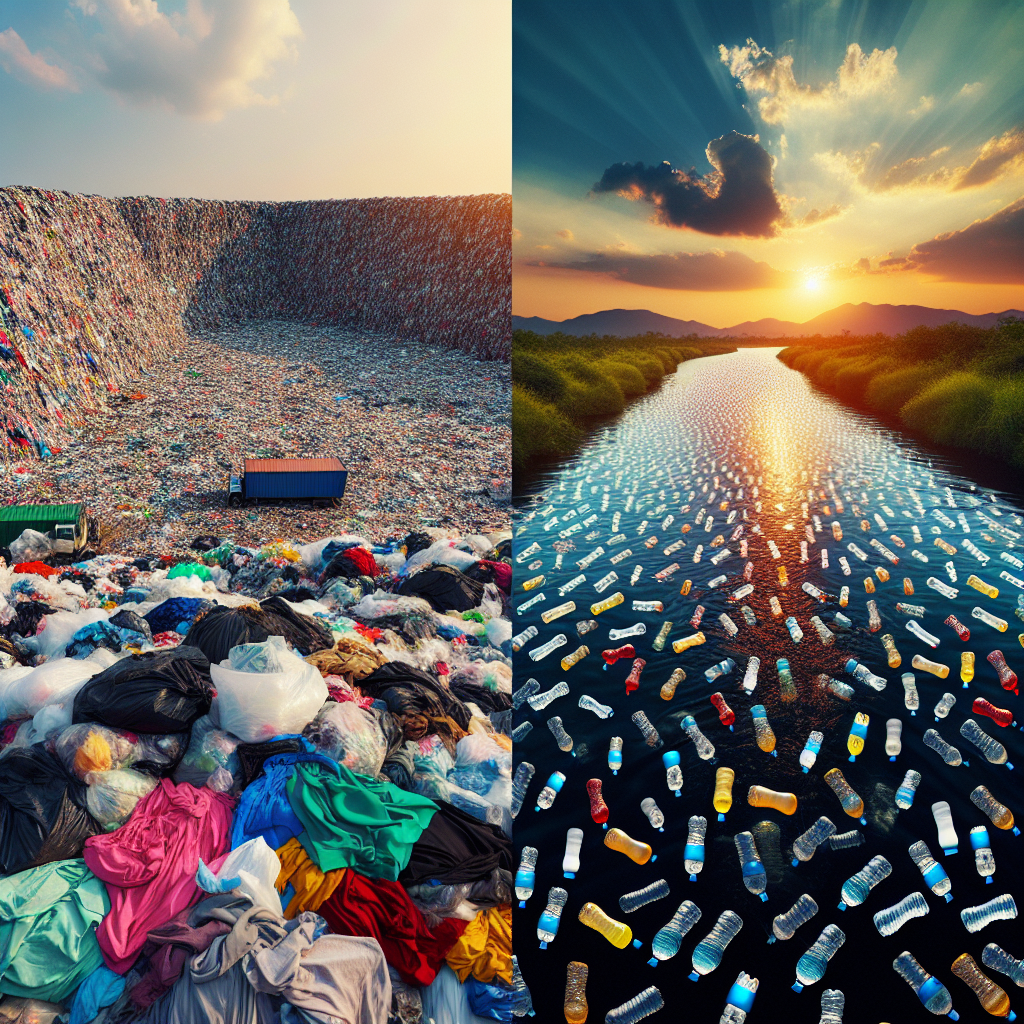 AI photo of fabrics in a landfill and plastic bottles in a river.