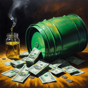 An oil barrel with money laid out in front of it.