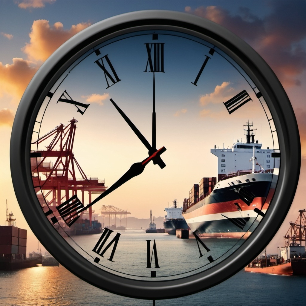 A clock with the background being a shipping port