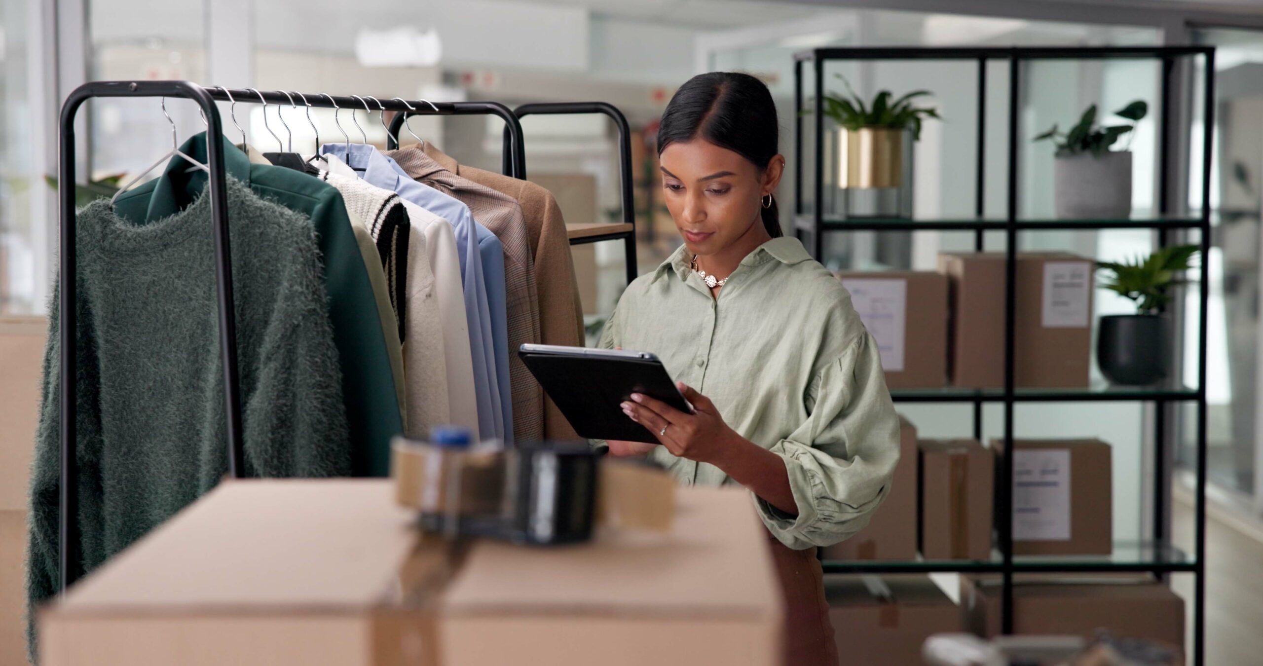 Woman, tablet and inventory check at clothing store, online and update digital stock for business. Fashion, female person and upload on retail website in workplace, storage inspection and boxes.