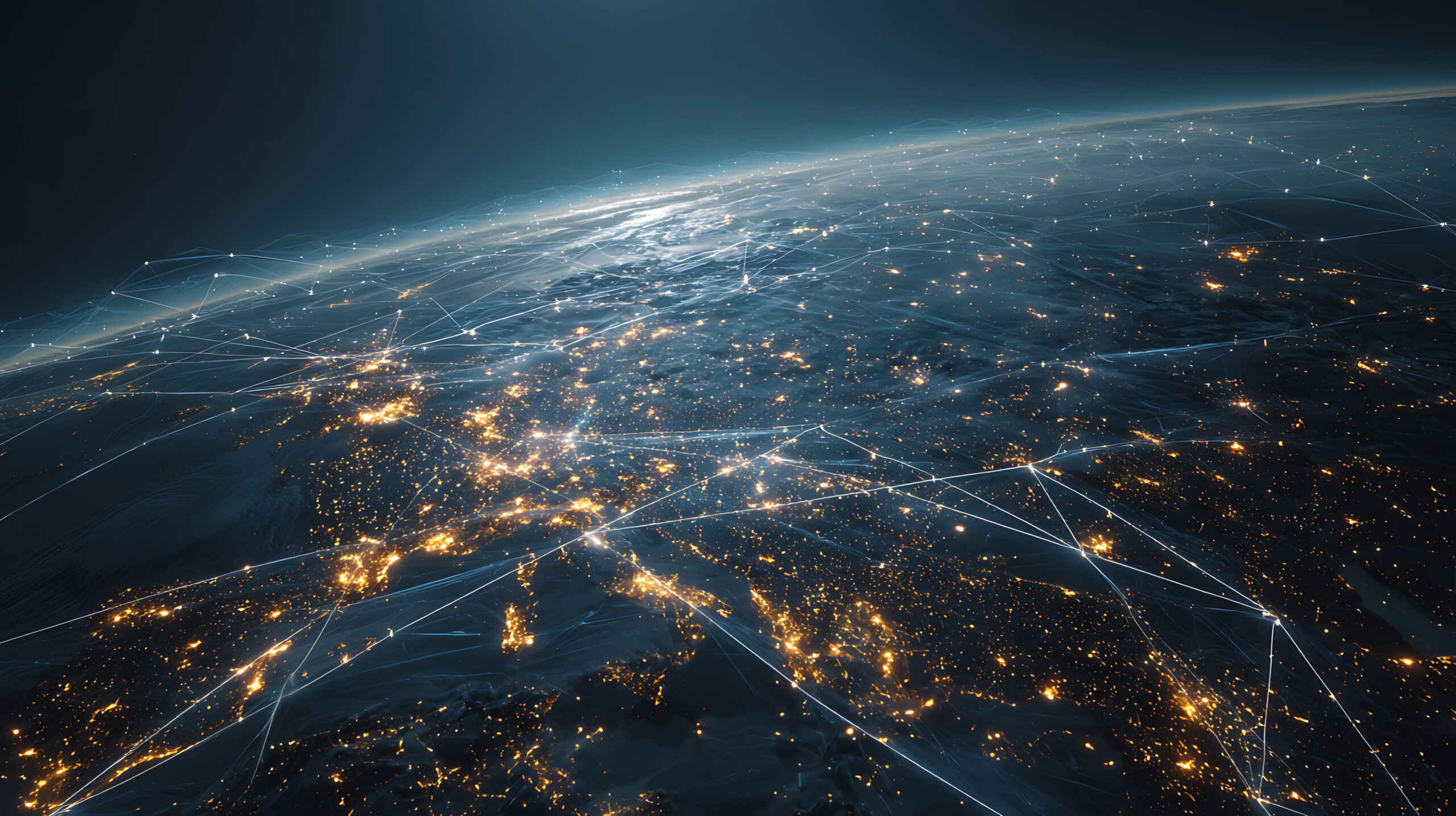 night earth with glowing city lights linked by bright connection lines, digital economy concept