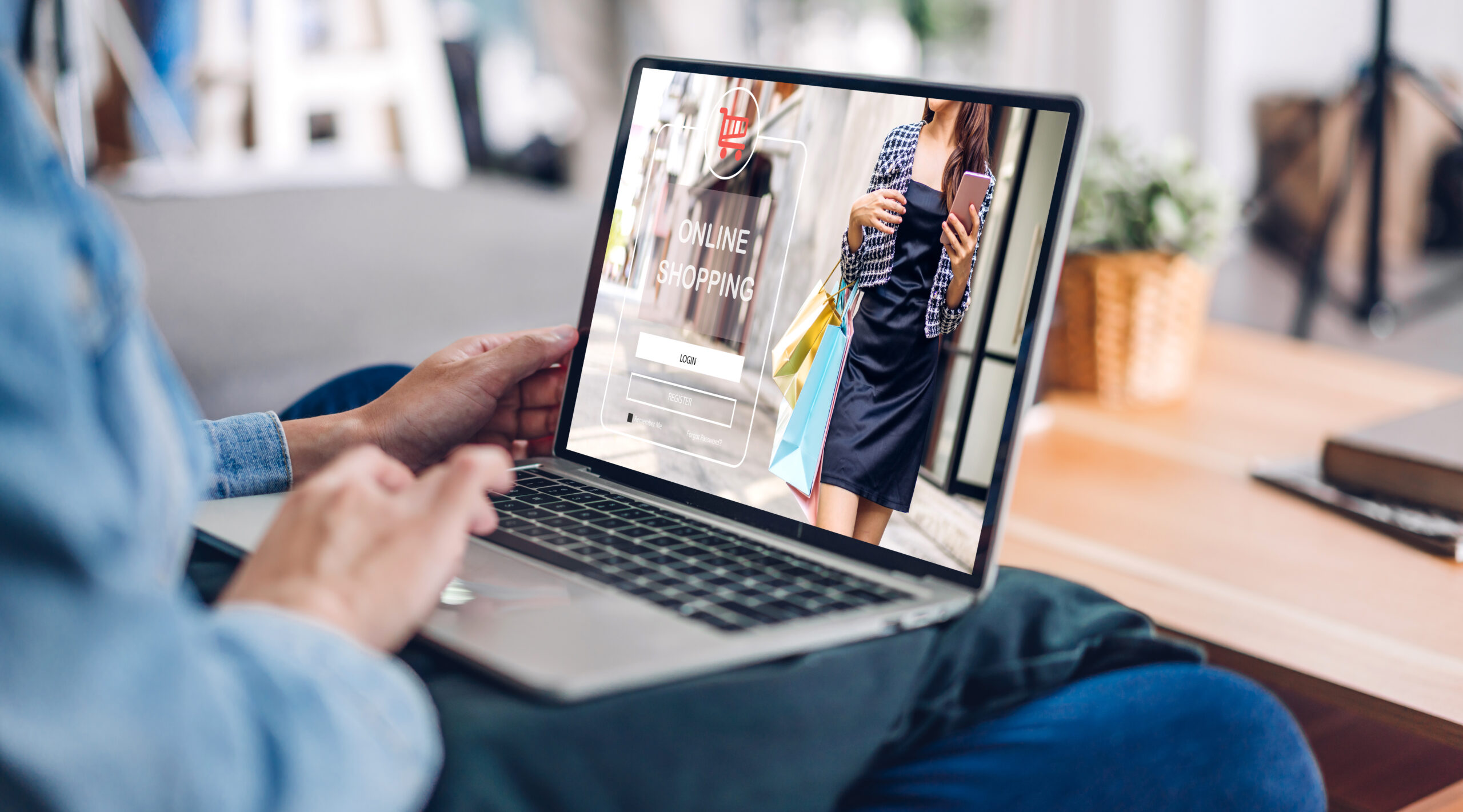 Portrait of woman relax use technology of laptop computer for fashion online shopping.Young girl enjoy shopping time summer sale and buy something purchases at home.online shopping concept