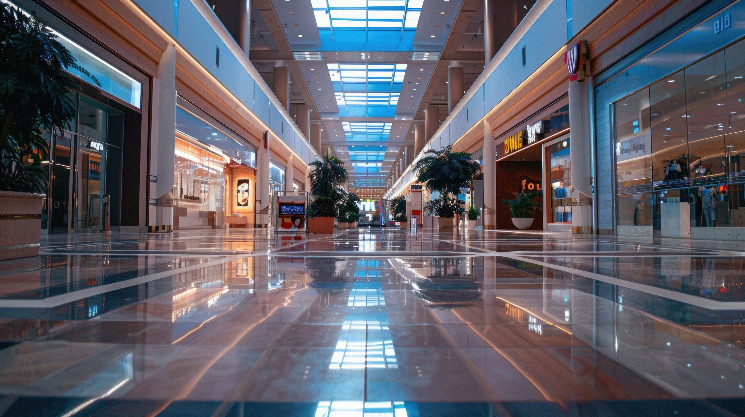 A large, empty shopping mall with a lot of glass windows. The mall is very clean and well-lit